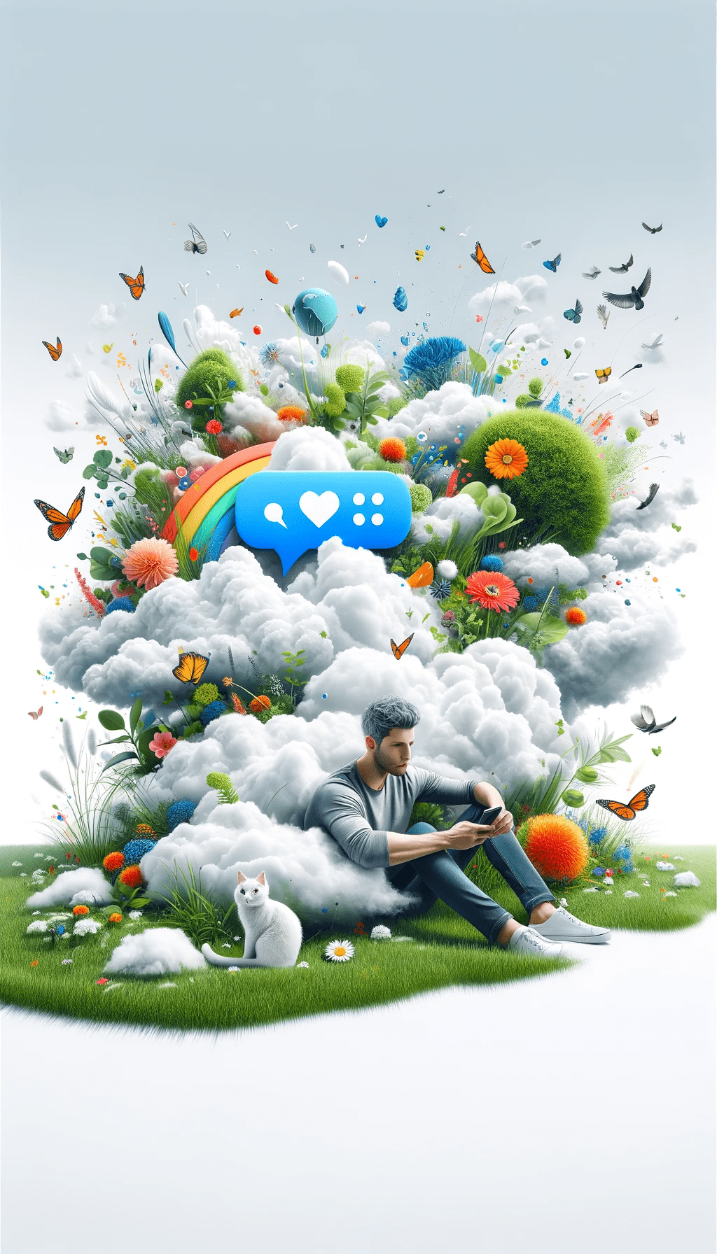 Man sitting on green grass using smartphone with a speech bubble, surrounded by colorful flowers, with a cat, butterflies, and birds against a pure white background with white clouds