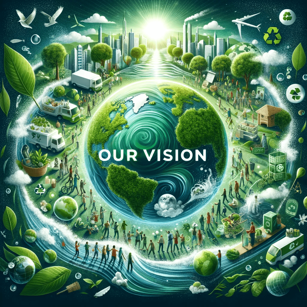Illustration of Ecolivingjourney.com's vision featuring diverse people engaging in eco-friendly activities around a vibrant Earth, with 'OUR VISION' in bold letters