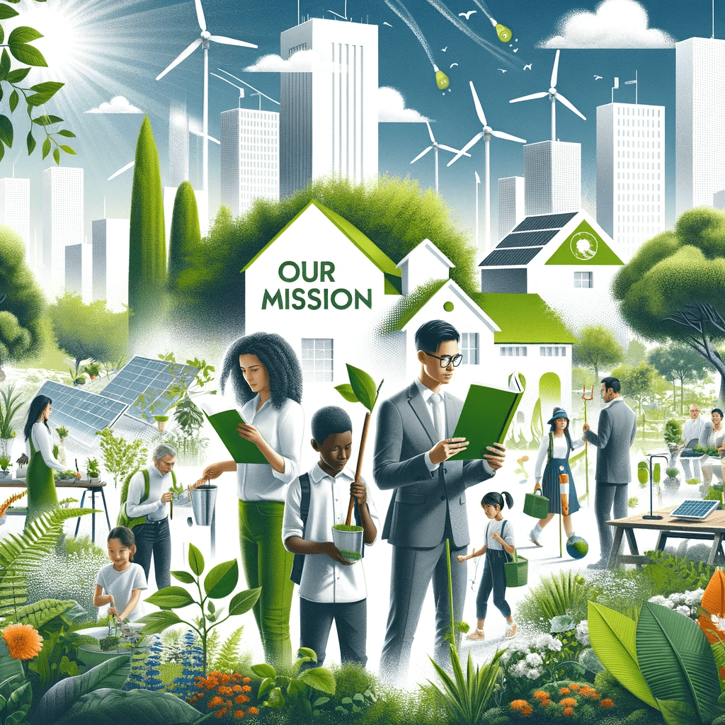 Diverse individuals engaged in sustainable activities in an urban green space with wind turbines and solar panels, under the banner 'OUR MISSION'
