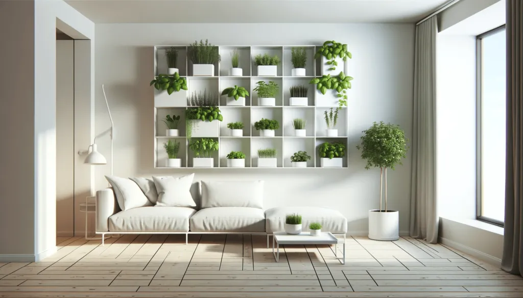 Modern small apartment with an indoor herb wall garden in a minimalist design, featuring white planters with herbs like basil and mint.