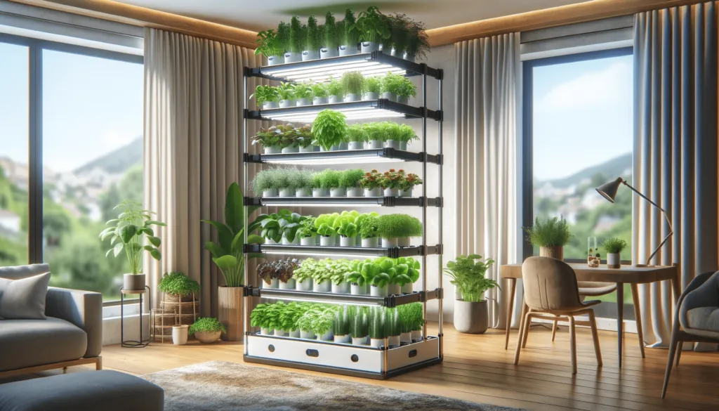 Indoor vertical hydroponic garden with multiple tiers of thriving plants.