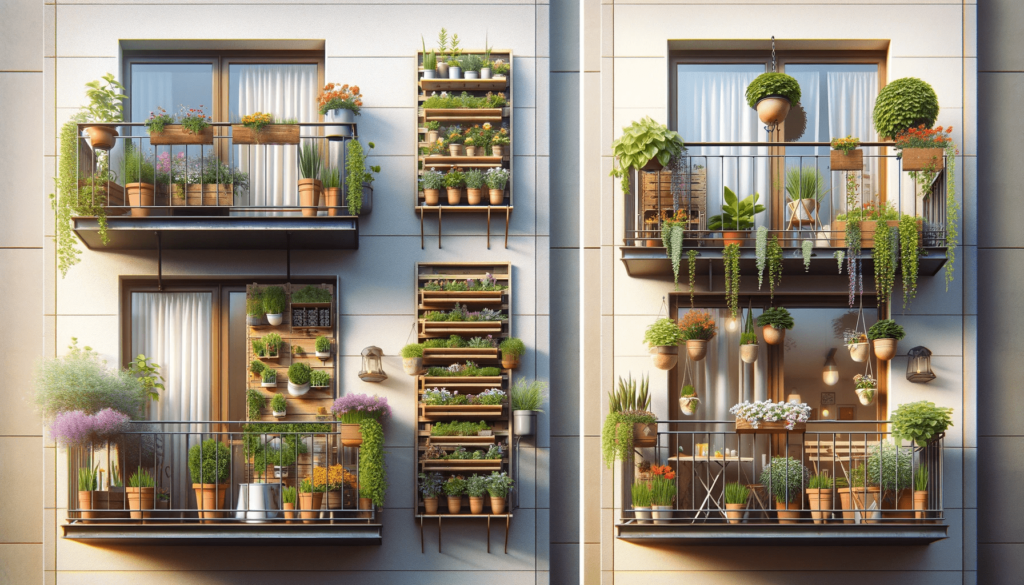Urban balconies transformed into Small Space Vertical Gardens with hanging pots and shelf of potted plants, ideal for city apartments