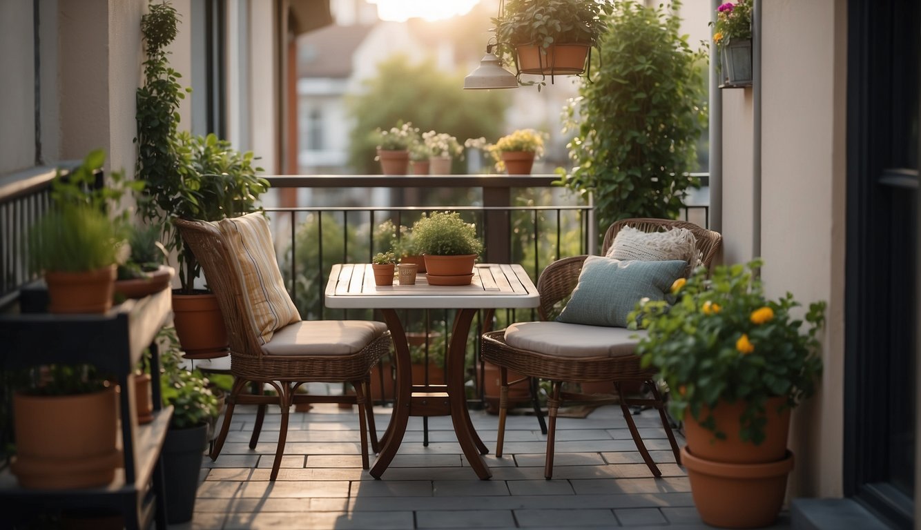 A cozy urban balcony garden with potted plants, hanging baskets, and comfortable seating. A small table with a decorative lantern completes the inviting space