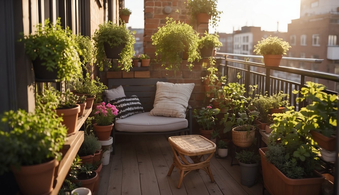 A small urban balcony garden with potted plants, hanging baskets, and a cozy seating area. The sun is shining, and the plants are thriving