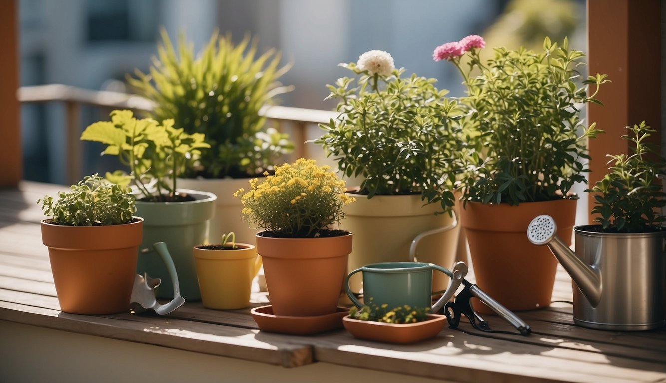 A variety of potted plants arranged on a sunny balcony, with watering cans and gardening tools nearby