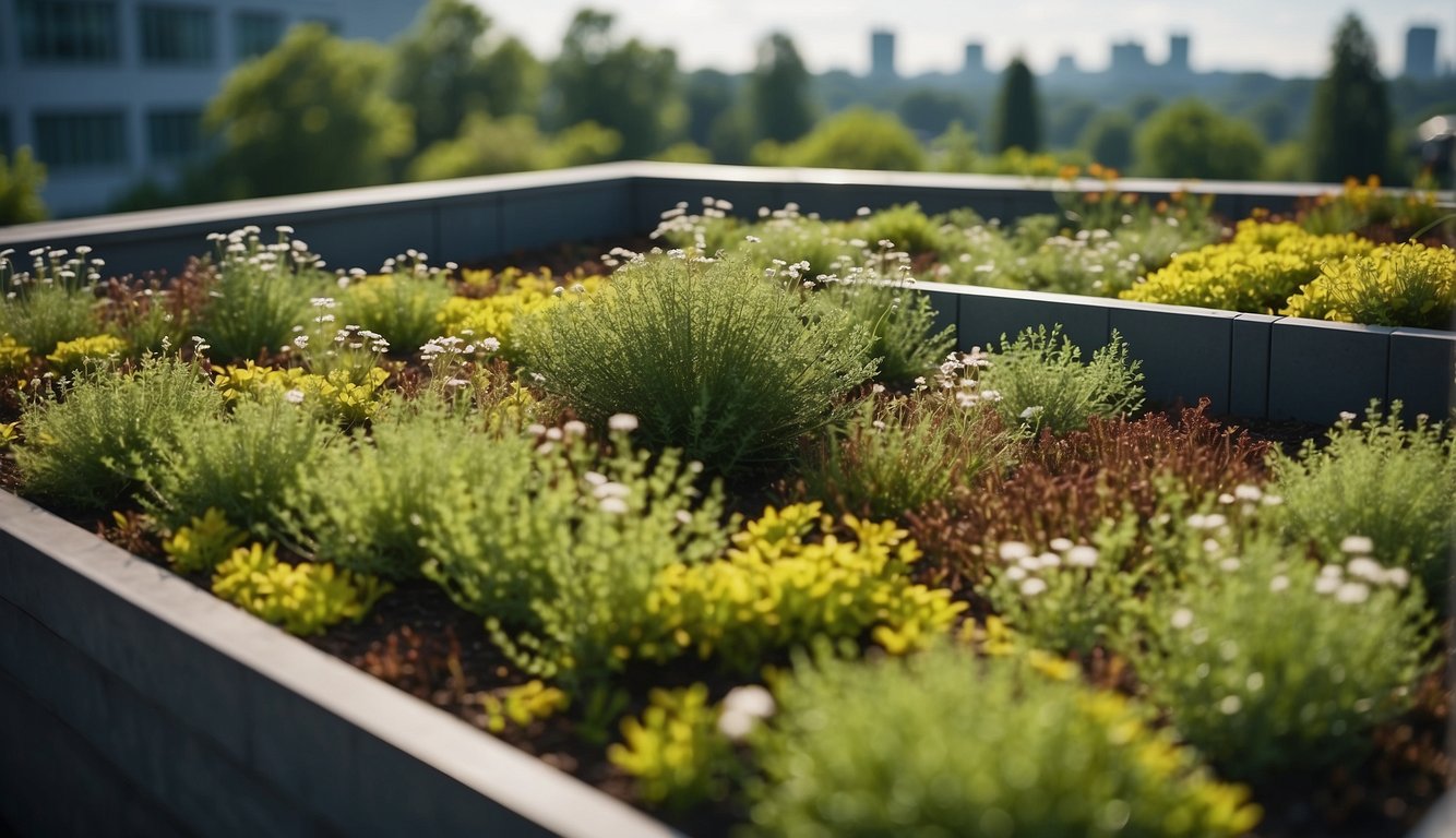 A vibrant green roof with optimized space for performance and relaxation, featuring lush vegetation and efficient layout