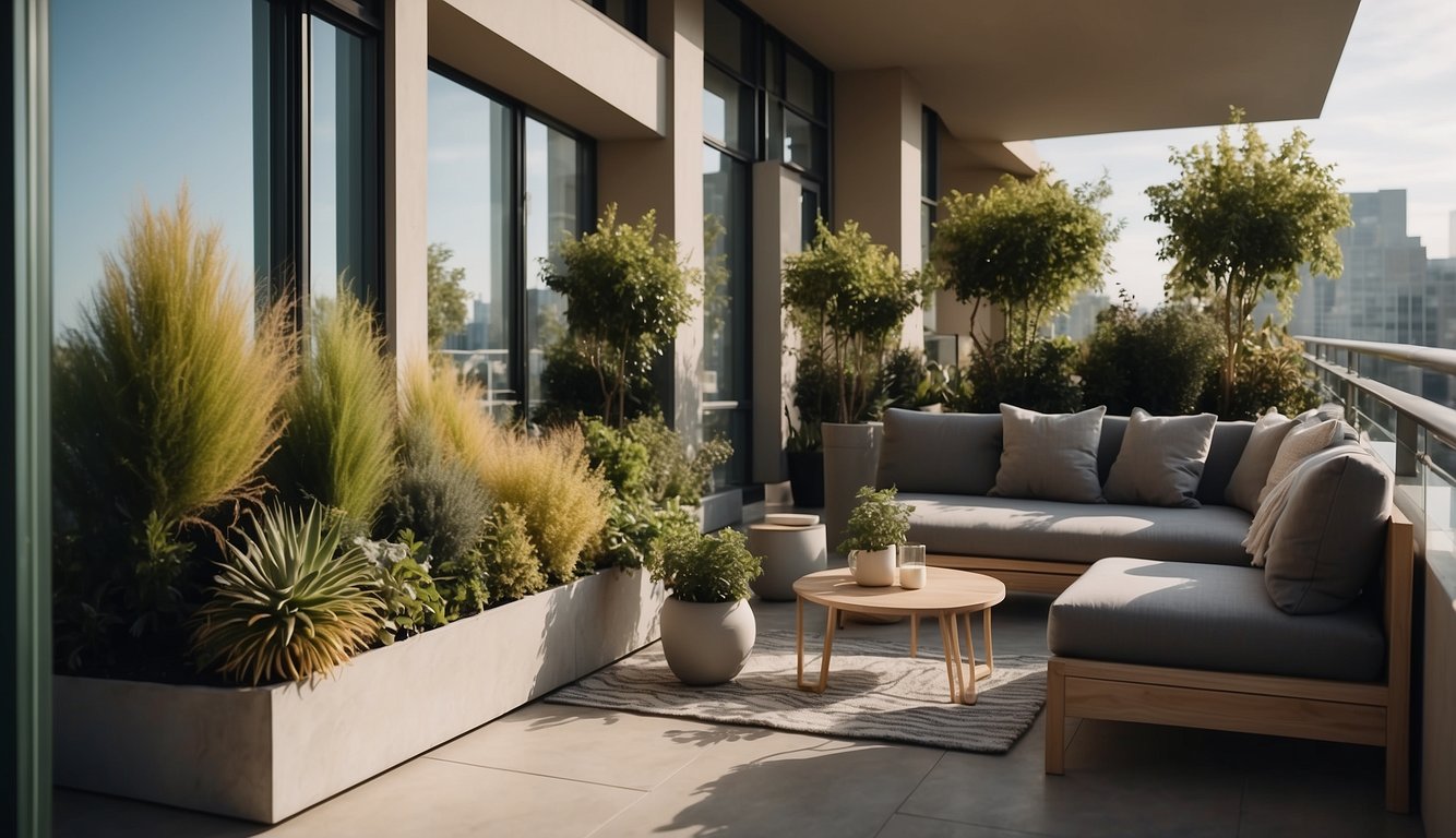 A modern balcony garden with sleek, minimalist planters, geometric plant arrangements, and a cozy seating area with contemporary furniture
