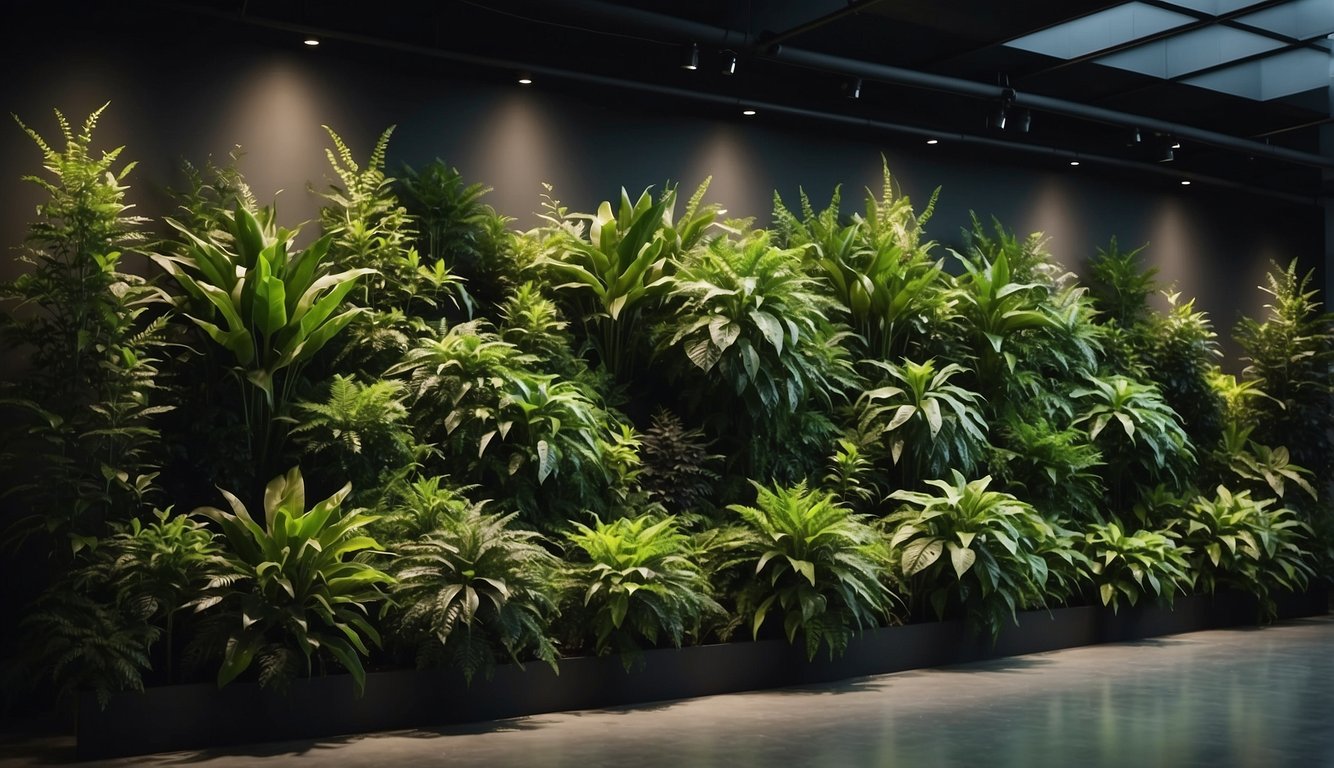 Lush green plants cover a wall, purifying the air and adding a calming, natural touch to the room. The vibrant foliage creates a serene and refreshing atmosphere