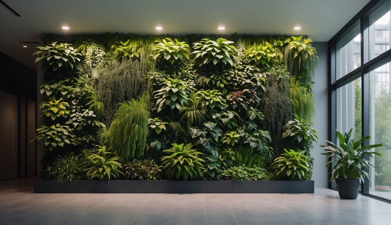 Lush green plants cover a vertical wall indoors, with a built-in irrigation system. The space is bright and inviting, with clean air and a sense of tranquility
