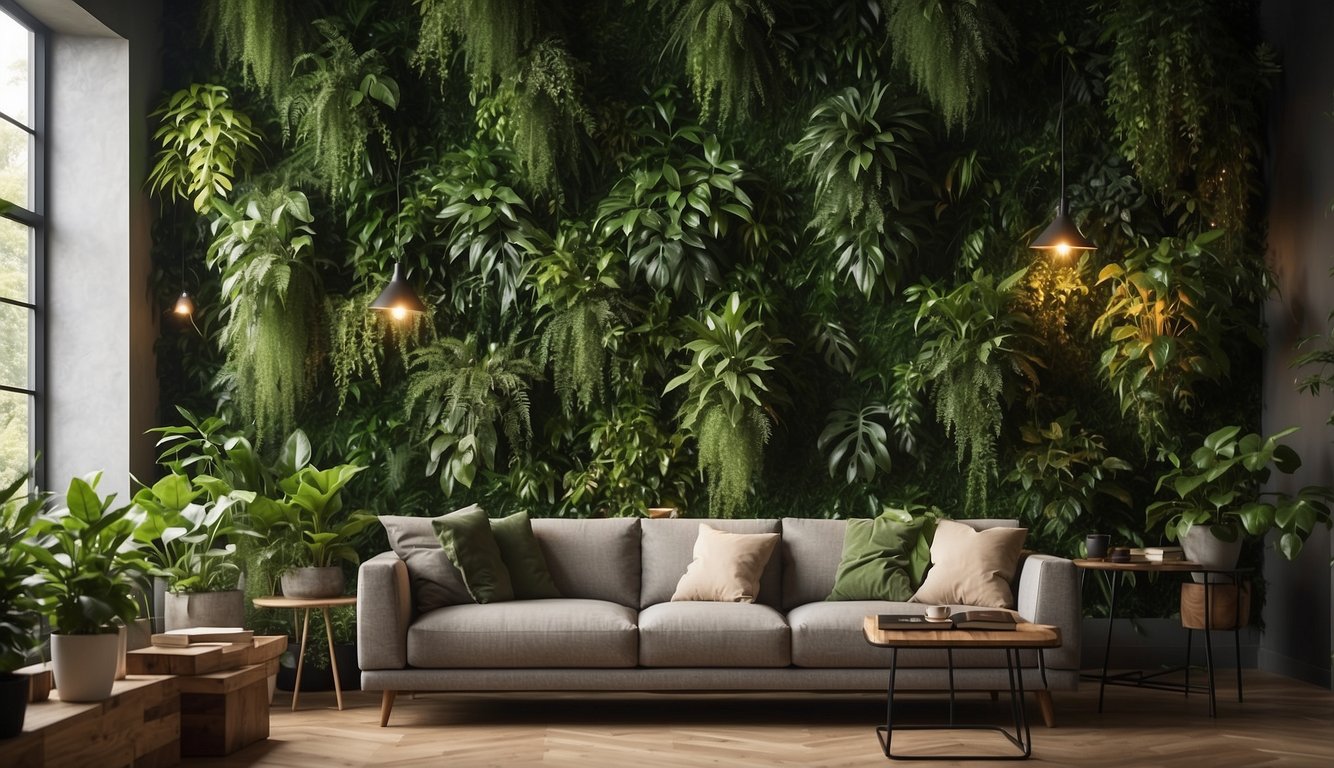 Lush green plants cover the entire wall, creating a vibrant and calming atmosphere. The natural foliage purifies the air and adds a touch of nature to the indoor space