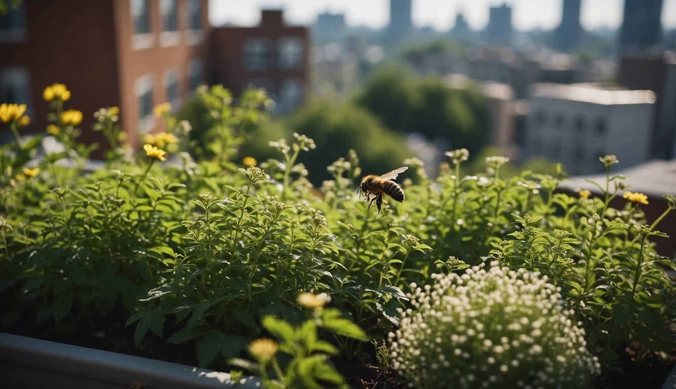 Lush green plants cover the rooftops of city buildings, attracting birds, bees, and butterflies. The vibrant greenery creates a peaceful oasis in the midst of the urban landscape