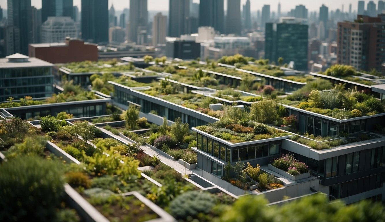 A cityscape with green roofs showcasing a variety of plants and wildlife. Buildings are interspersed with lush vegetation, creating a vibrant urban biodiversity
