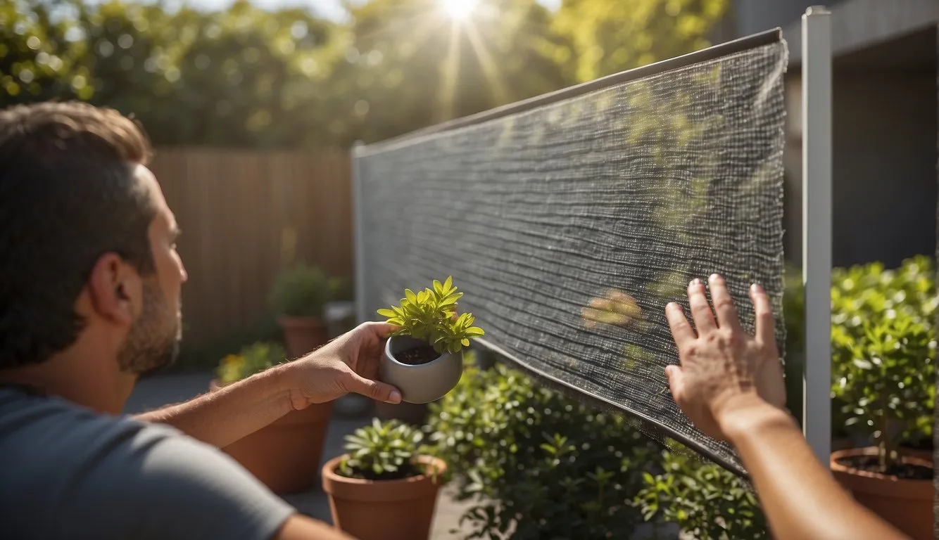 A hand placing a durable, eco-friendly privacy screen onto a patio. Maintenance tools nearby