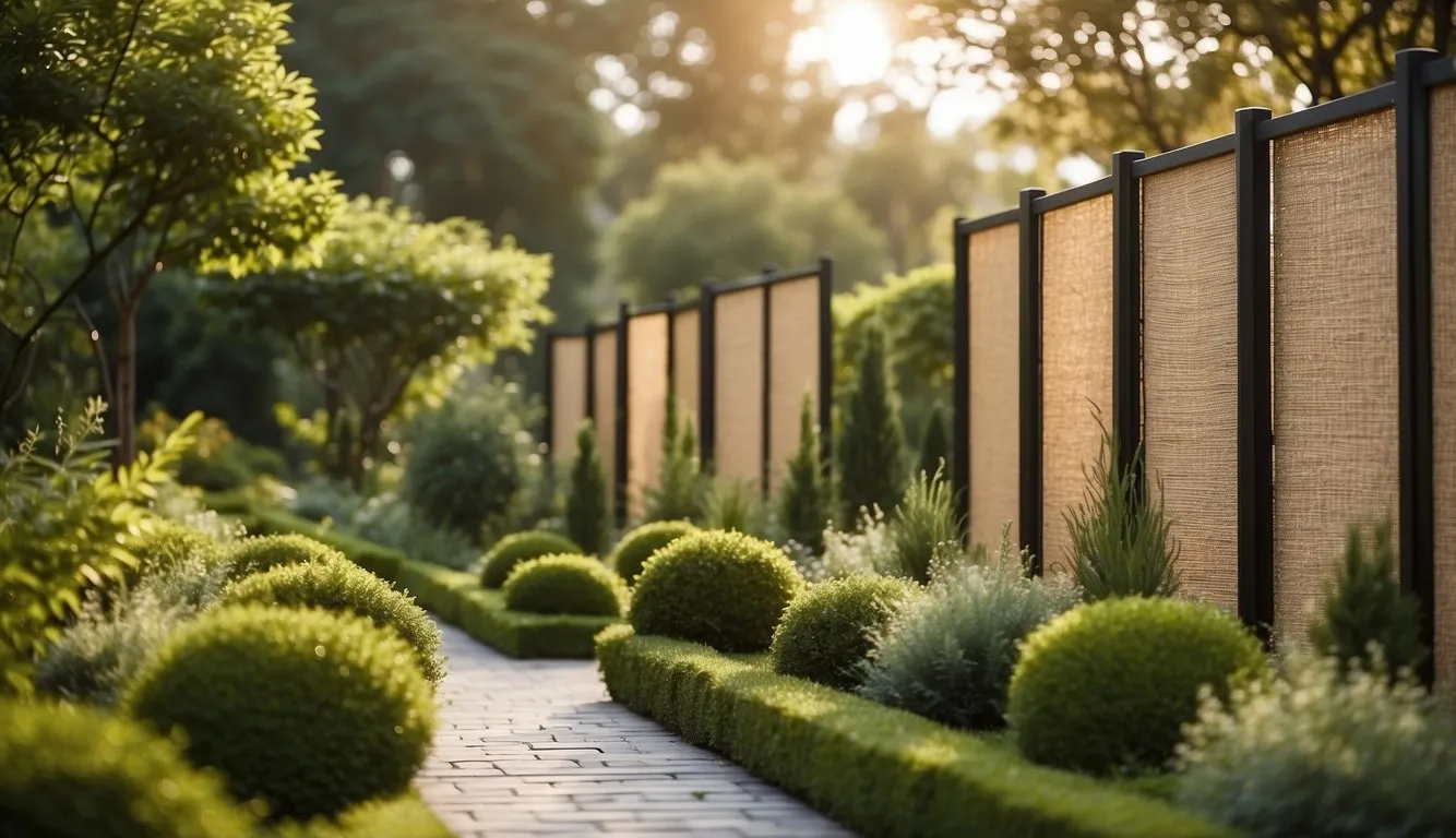 A serene garden with tall, sturdy privacy screens made from sustainable materials, providing a peaceful and eco-friendly barrier