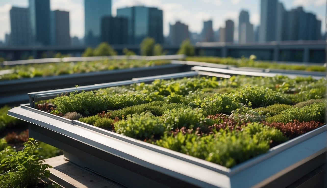 A green roof covers a city building, maximizing space and reducing environmental impact