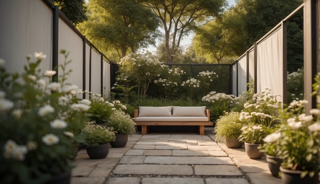 A serene garden with durable, eco-friendly privacy screens surrounded by lush greenery and blooming flowers. The screens provide a sense of seclusion and tranquility in the outdoor space
