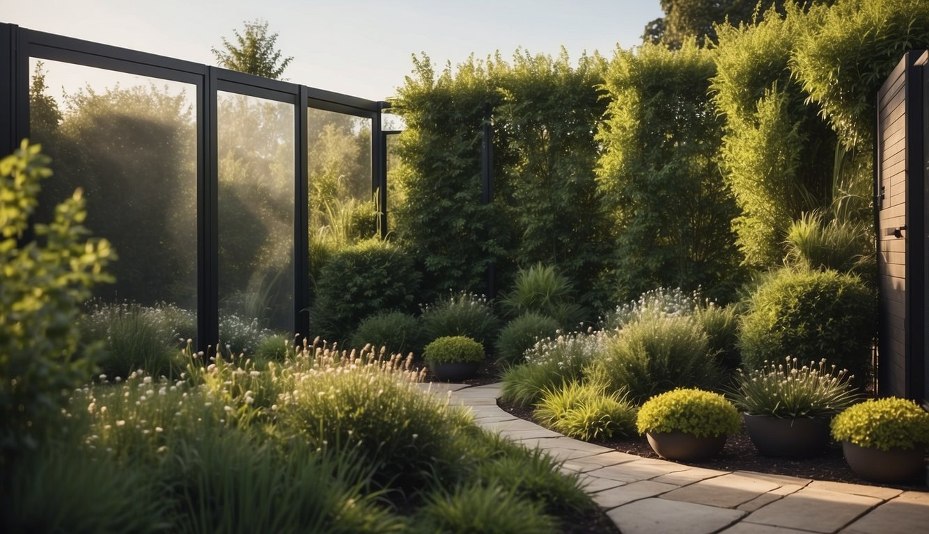 A lush garden with modern, eco-friendly privacy screens, creating a tranquil outdoor space
