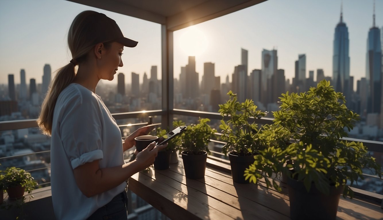A person is standing on a balcony, holding a smartphone and looking at a screen. The balcony has plants and a table with a cup of coffee. The background shows a city skyline