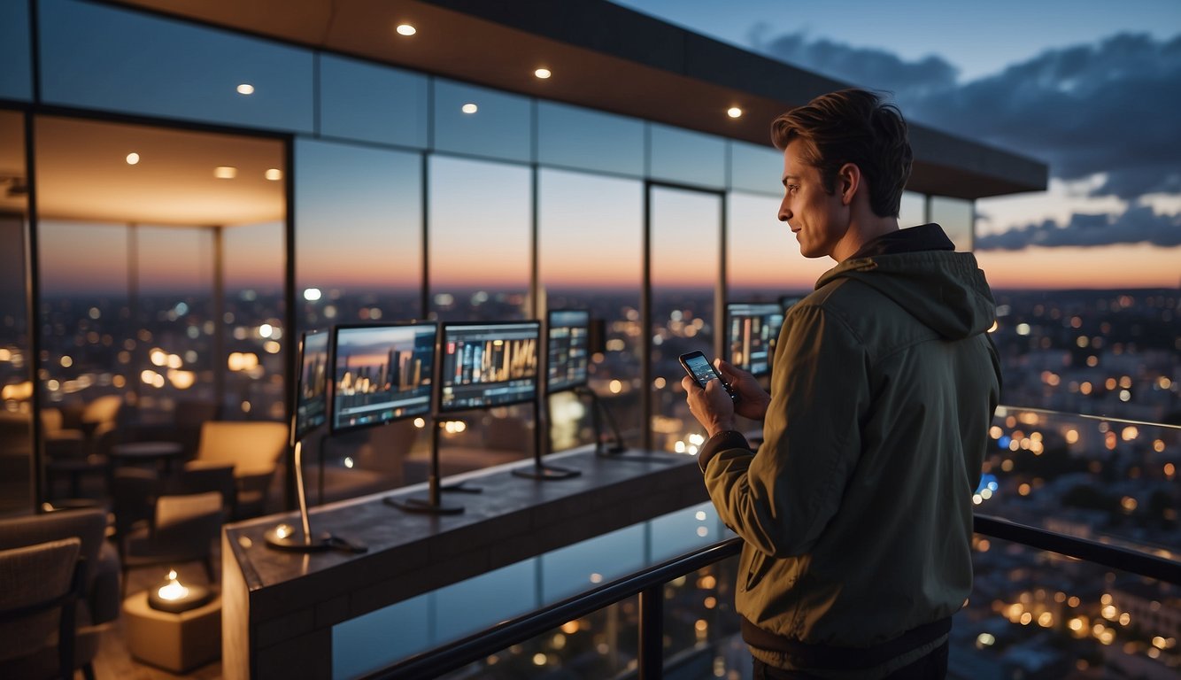 A person standing on a balcony, surrounded by various screens and technology, looking at a guide on their phone