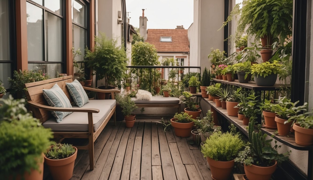 A small balcony with potted plants, hanging baskets, and cozy furniture arranged to maximize space and create a relaxing garden oasis