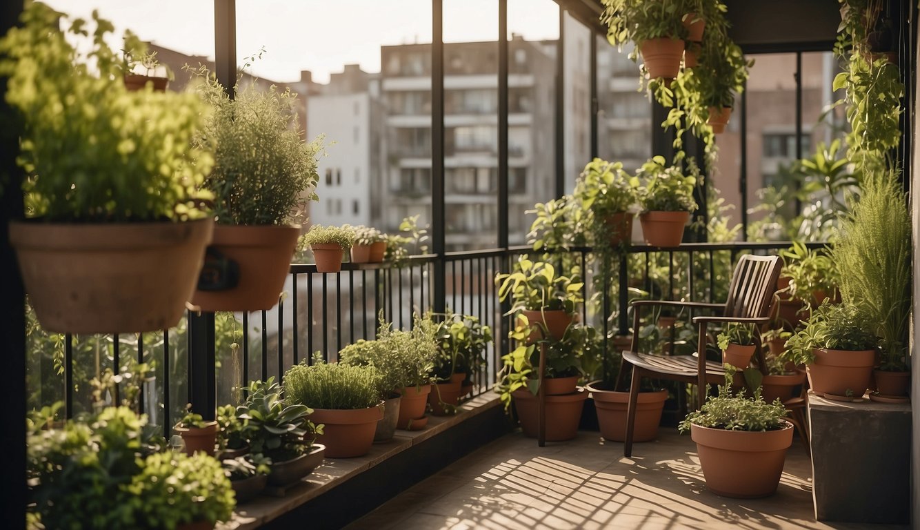 A balcony garden with various layouts and plants, labeled with frequently asked questions about gardening