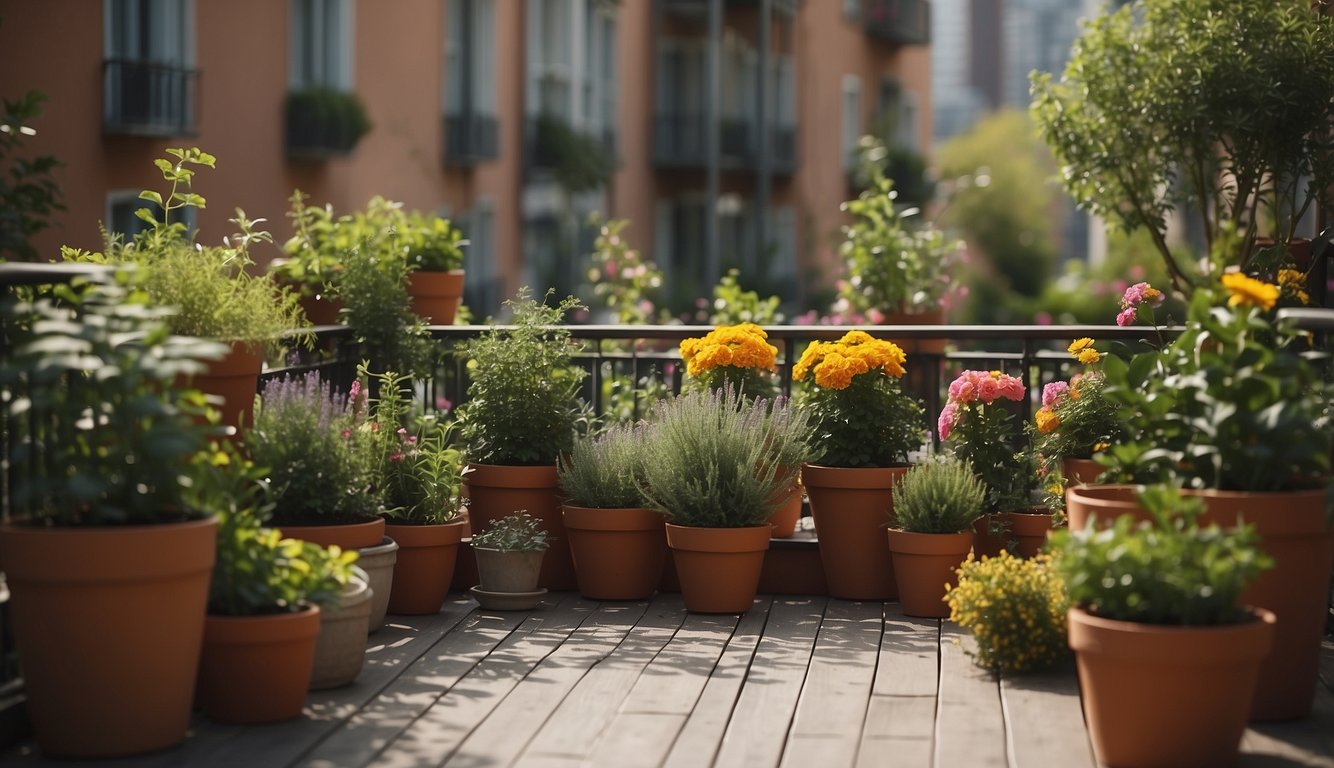 A balcony garden with potted plants arranged in a symmetrical layout, featuring a variety of flowers, herbs, and small shrubs