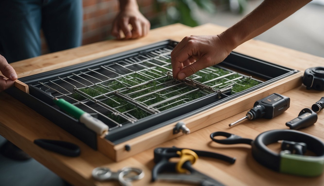 A person installing a DIY sustainable screen solution with tools and materials