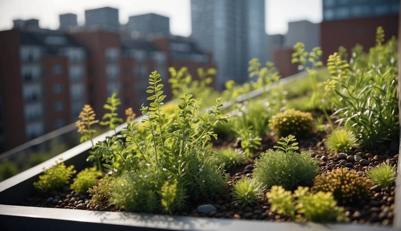 The apartment building's green roof meets regulations with a variety of plant species and proper drainage systems