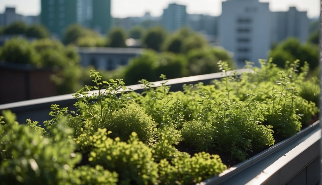 The apartment building's green roof is adorned with lush vegetation, in compliance with local regulations. A variety of plant species thrive in the eco-friendly space