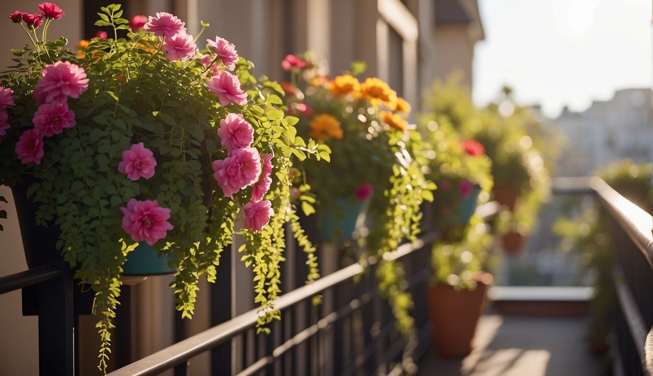 Three balcony planters hang from a railing, filled with vibrant flowers and greenery, maximizing space. The sun shines down, casting a warm glow on the blossoming plants