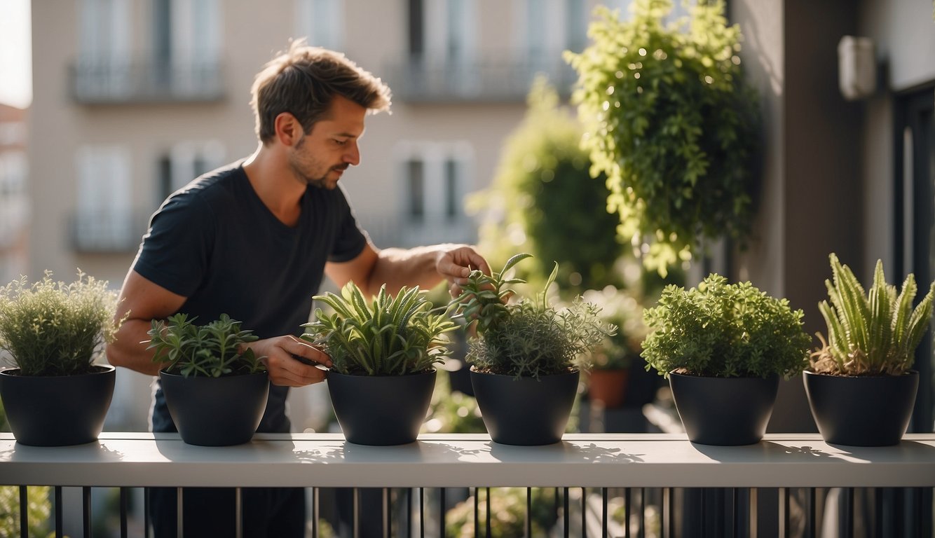 A person arranging plants in space-saving balcony planters