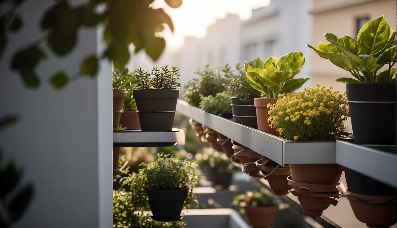 The balcony is adorned with space-saving planters made of various materials, with efficient drainage systems