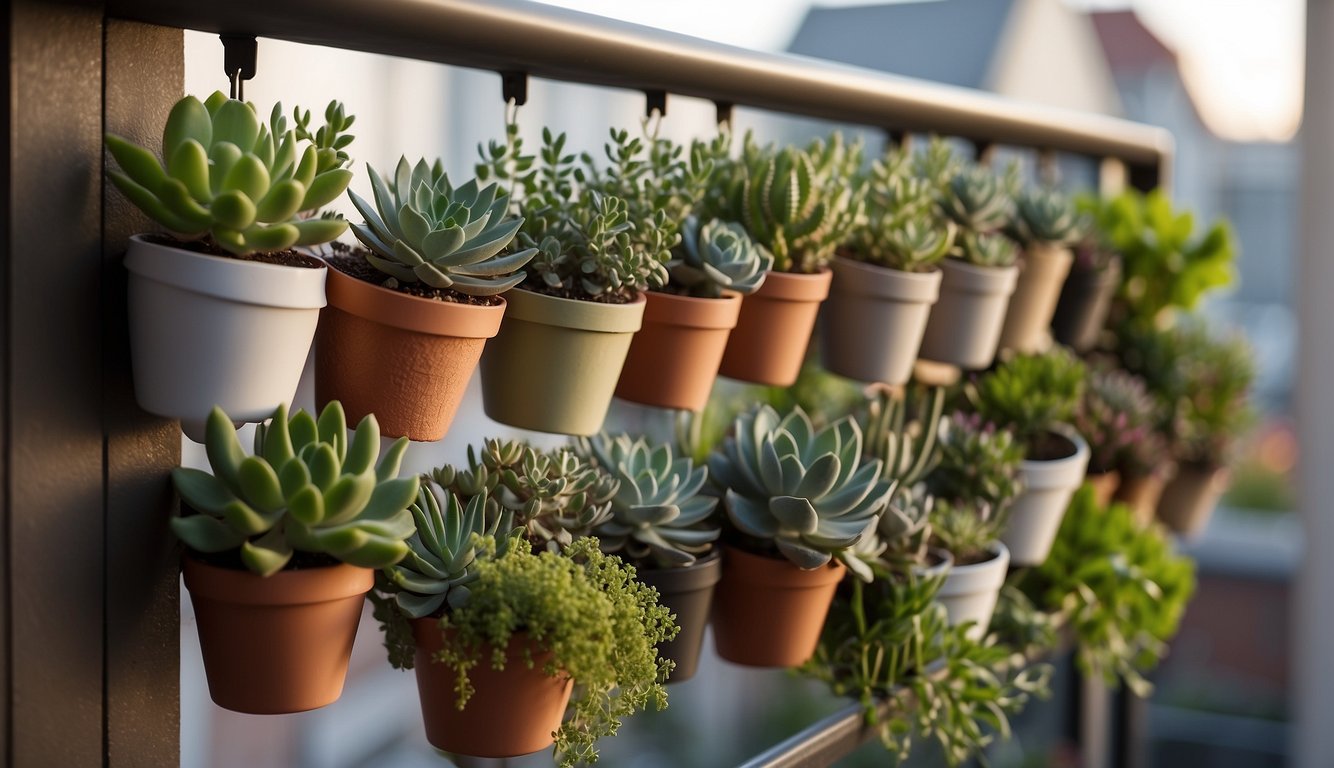 A small balcony with hanging and wall-mounted planters, filled with various herbs, flowers, and succulents. A compact storage system for gardening tools and supplies is neatly organized against the wall