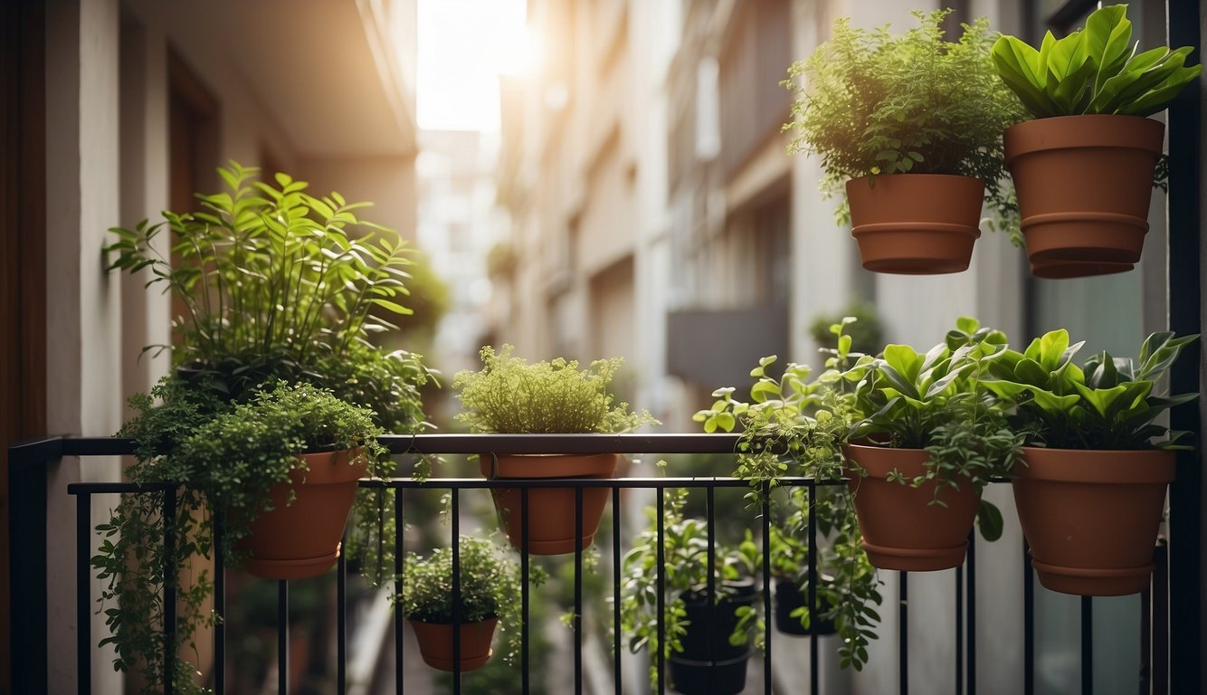 A small balcony with vertical planters filled with lush green plants, maximizing growing space in a space-saving design