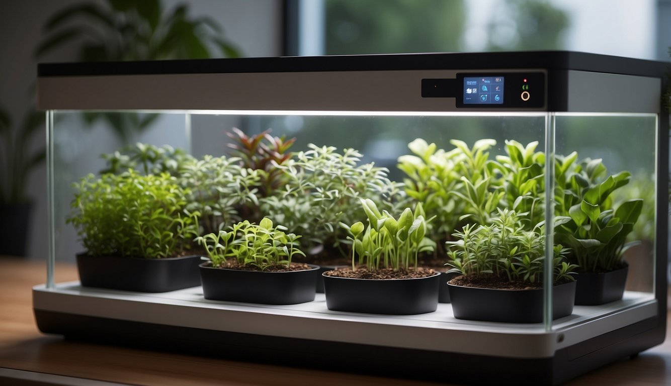 A compact indoor garden with efficient layout, featuring smart gardening technologies