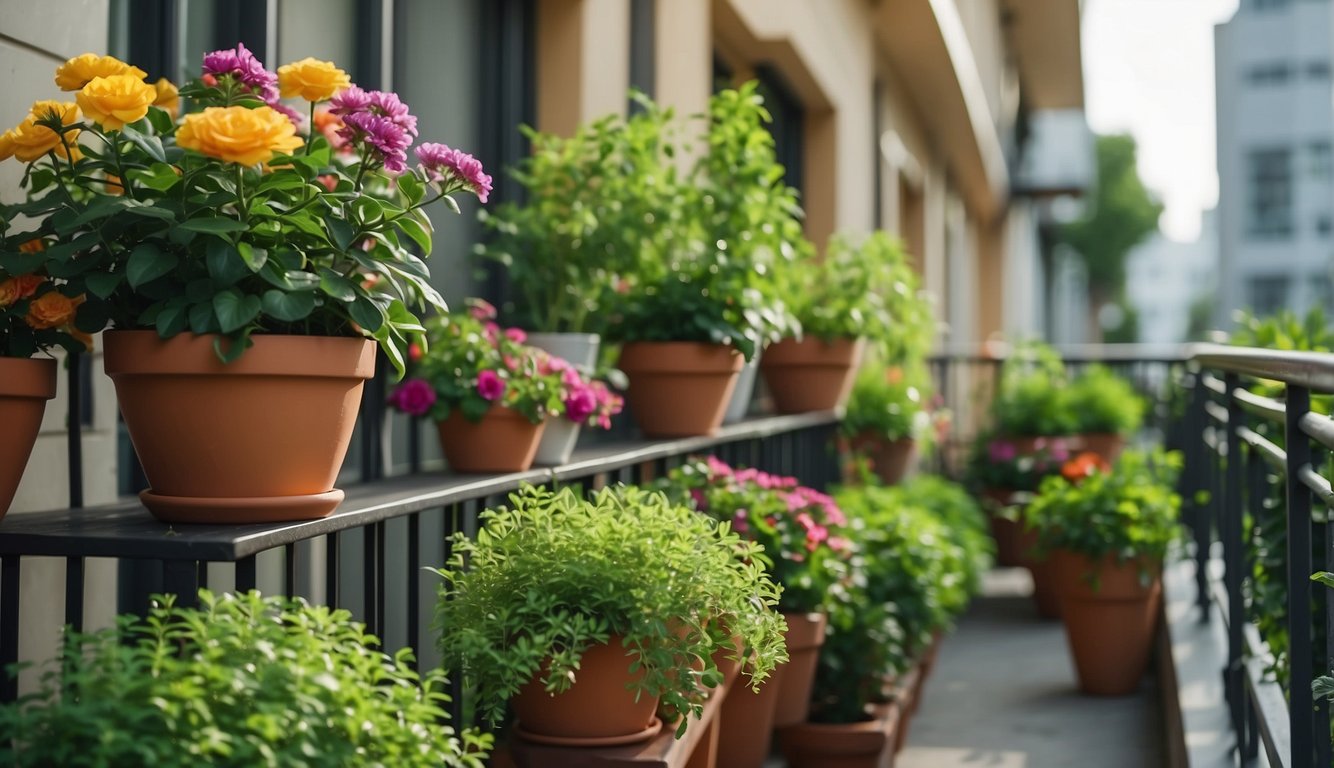 A balcony garden with potted plants arranged by season, featuring vibrant flowers and lush greenery