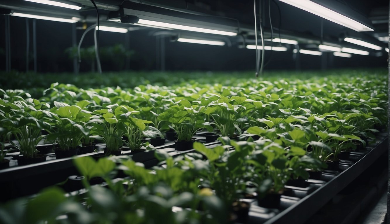 Lush green plants grow in rows of nutrient-rich water, under bright grow lights, in a clean and organized indoor hydroponic garden