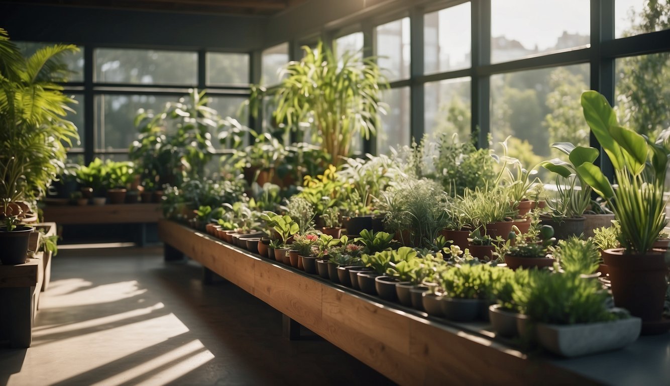 A well-organized indoor garden with neatly arranged plants, efficient shelving, and natural light pouring in through large windows