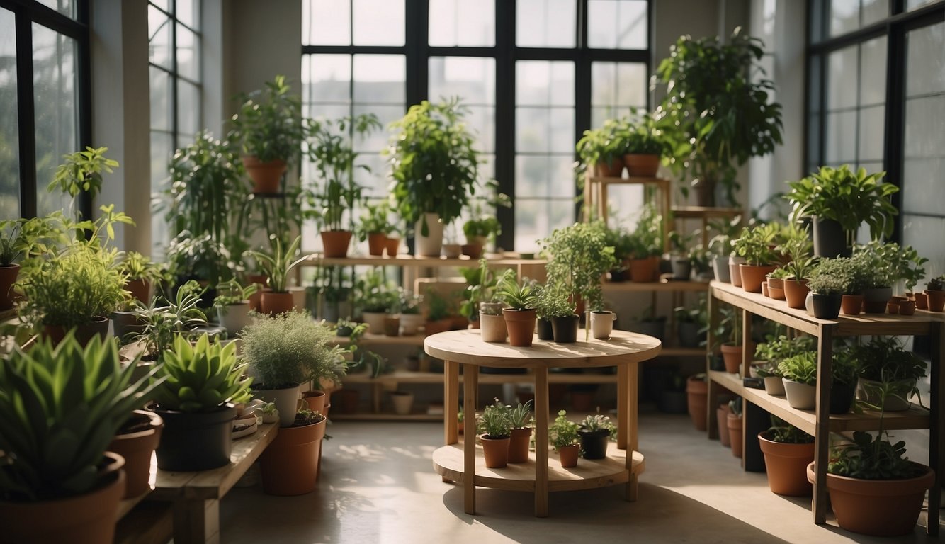 An indoor garden with efficient layouts: shelves holding potted plants, hanging planters, and a small table for gardening tools