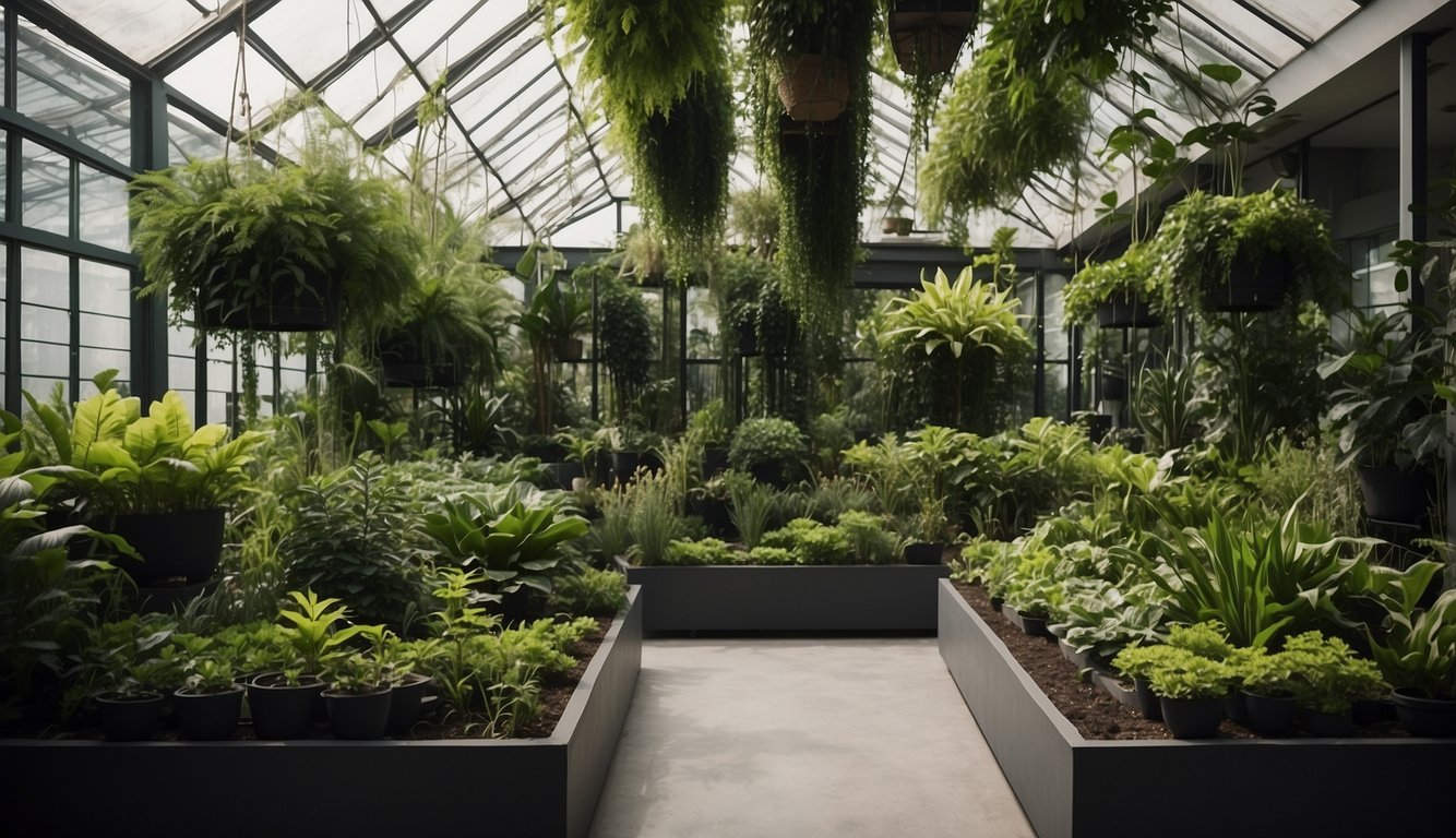 An indoor garden with efficient layouts, featuring various potted plants arranged in a symmetrical and aesthetically pleasing manner. Different types of greenery fill the space, with hanging plants adding depth to the design