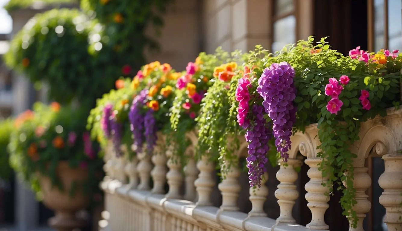 Lush green plants cascade from ornate balcony railing, framed by colorful flowers and vines