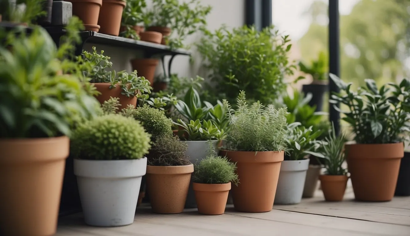 A variety of containers and pots filled with ornamental plants arranged on a charming balcony garden