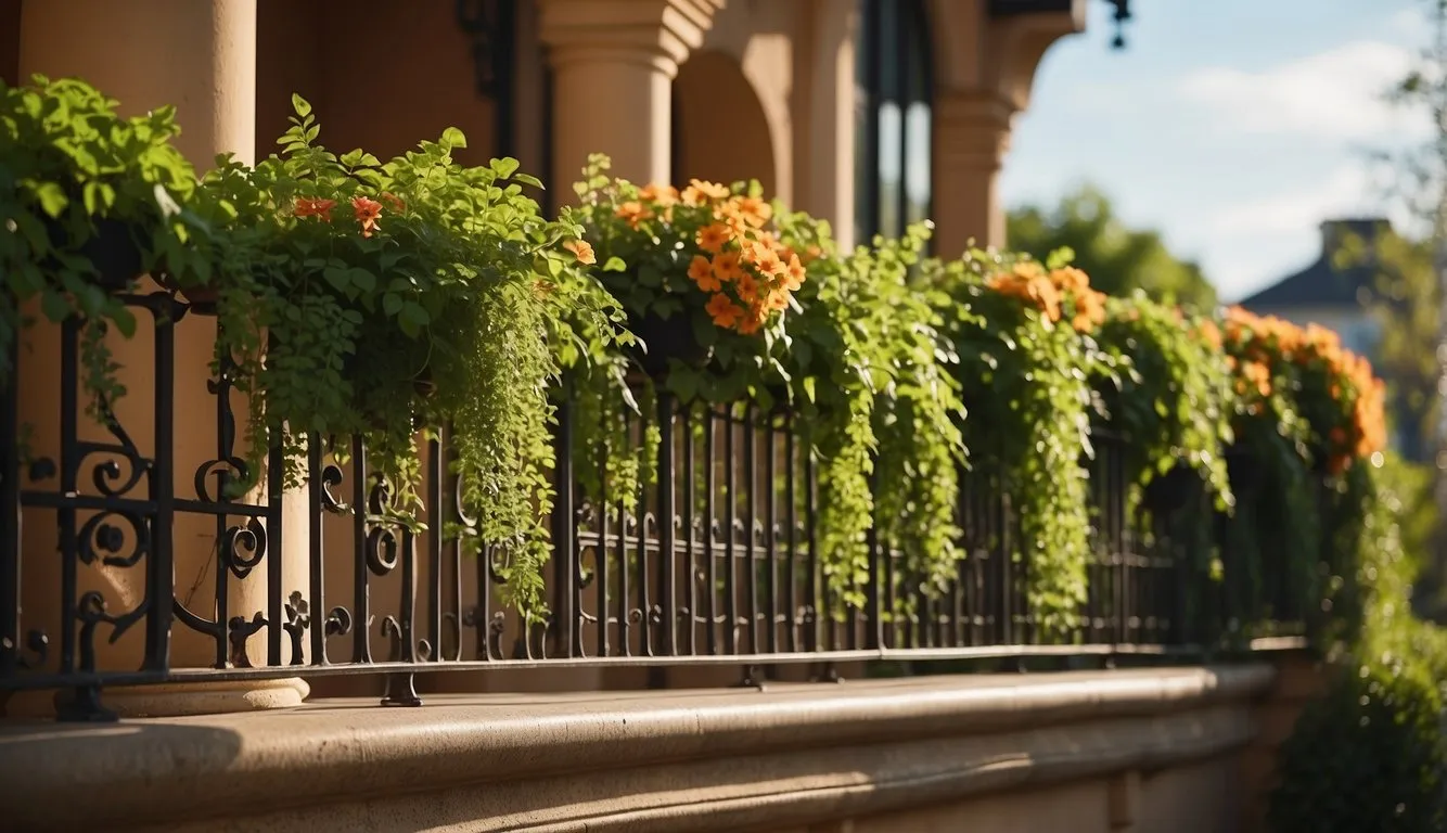 Lush green plants cascade over the ornate balcony railing, basking in the warm sunlight. Colorful flowers bloom among the foliage, creating a vibrant and inviting display