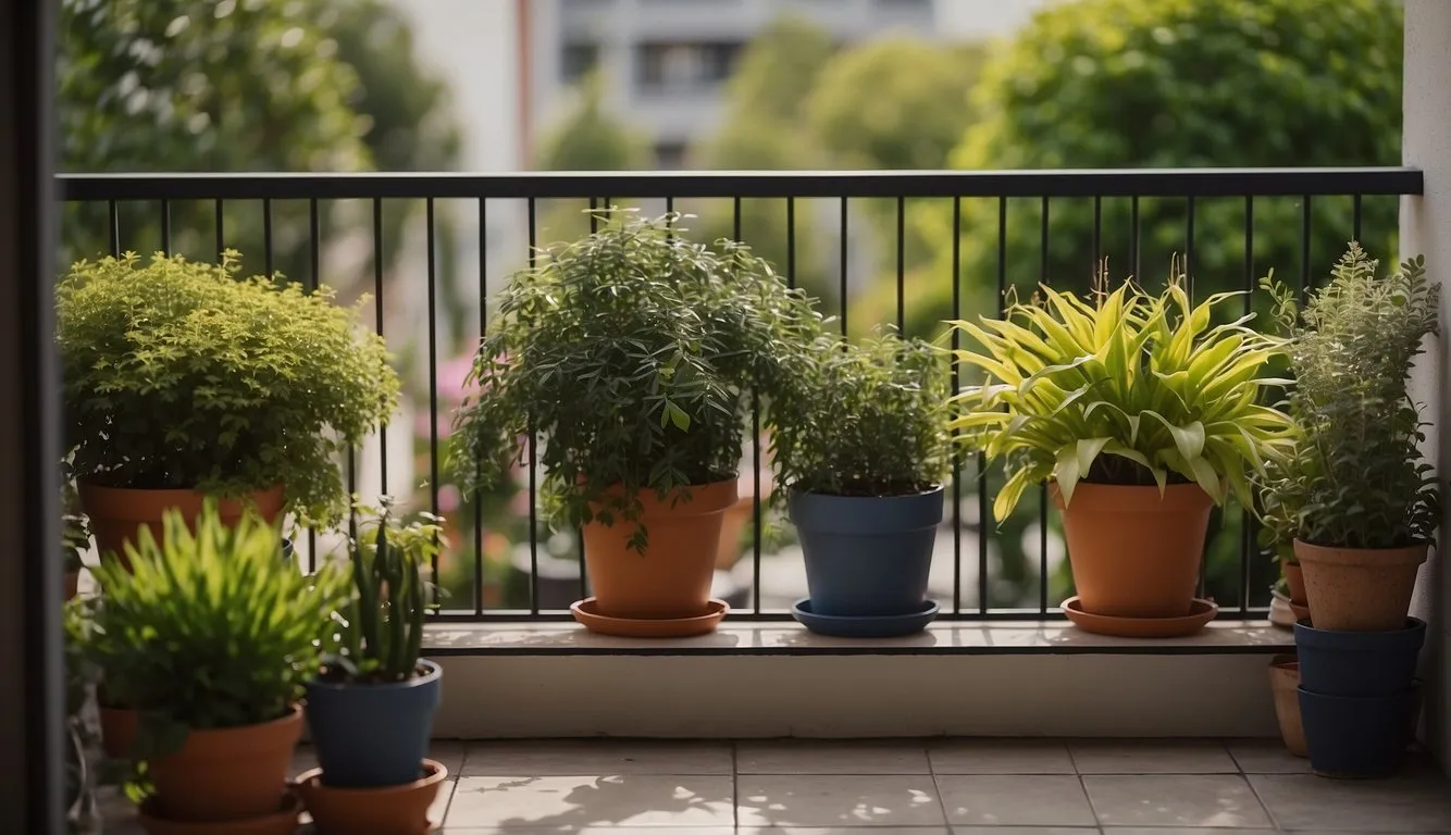 A variety of ornamental plants arranged on a balcony, with pots of different sizes and colors, and a small table and chair for relaxation
