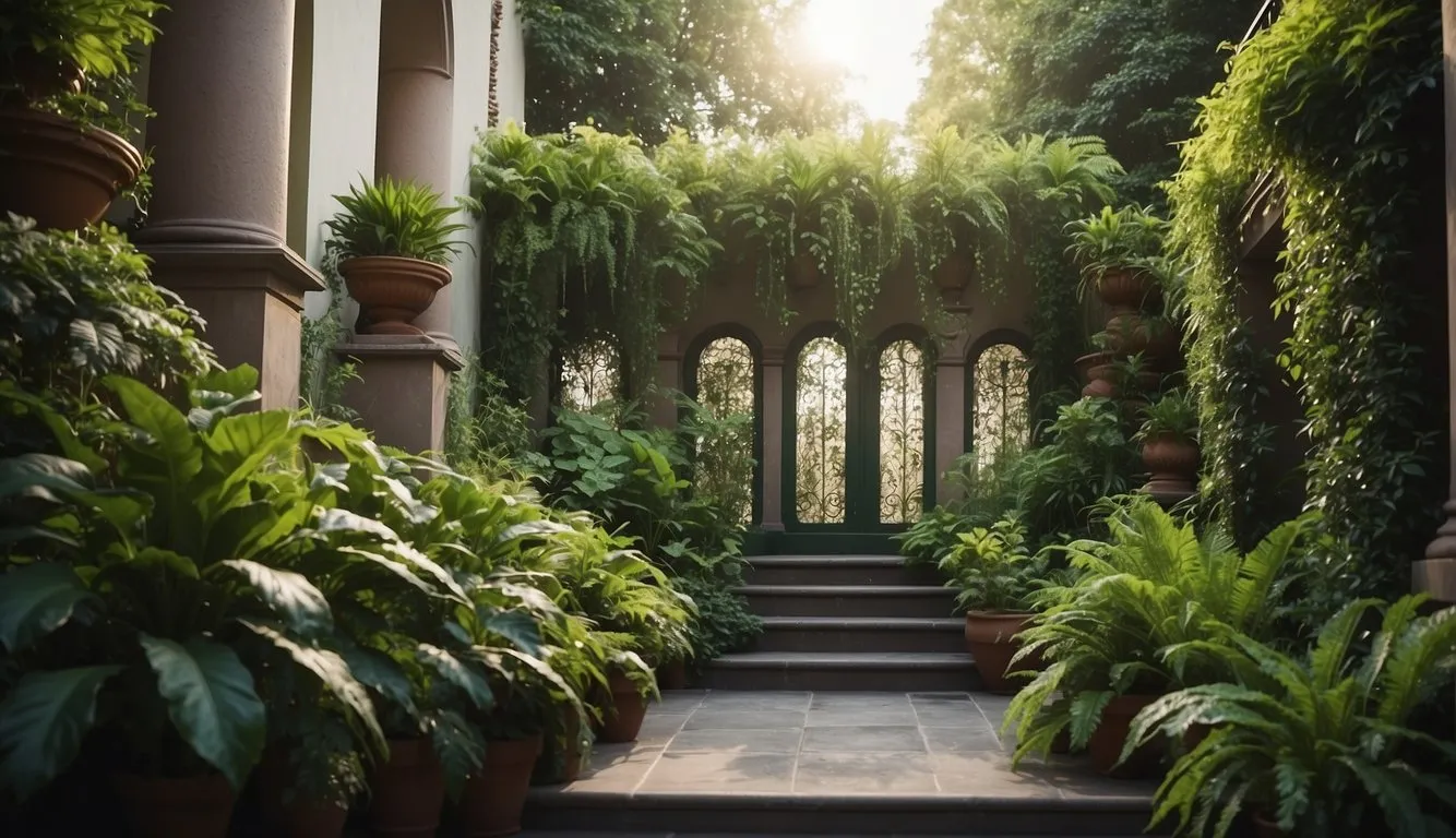 Lush green plants cascade from an ornate balcony, creating a vibrant and tranquil garden oasis