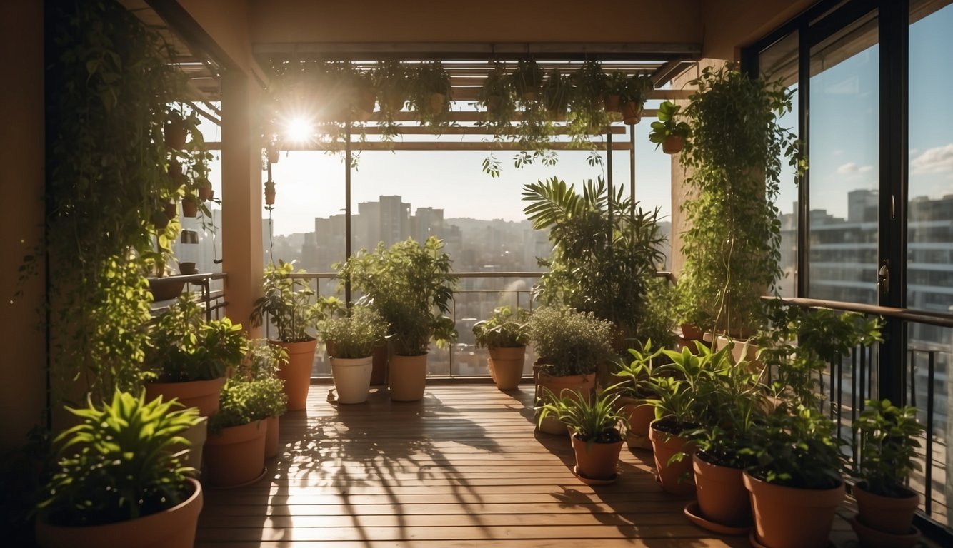 A balcony with potted plants, hanging solar-powered lights, and a bamboo screen. A person is watering the plants