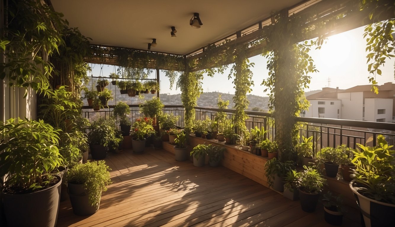 A balcony with potted plants, hanging solar lights, and a bamboo privacy screen. The screen is adorned with climbing vines and surrounded by eco-friendly decor