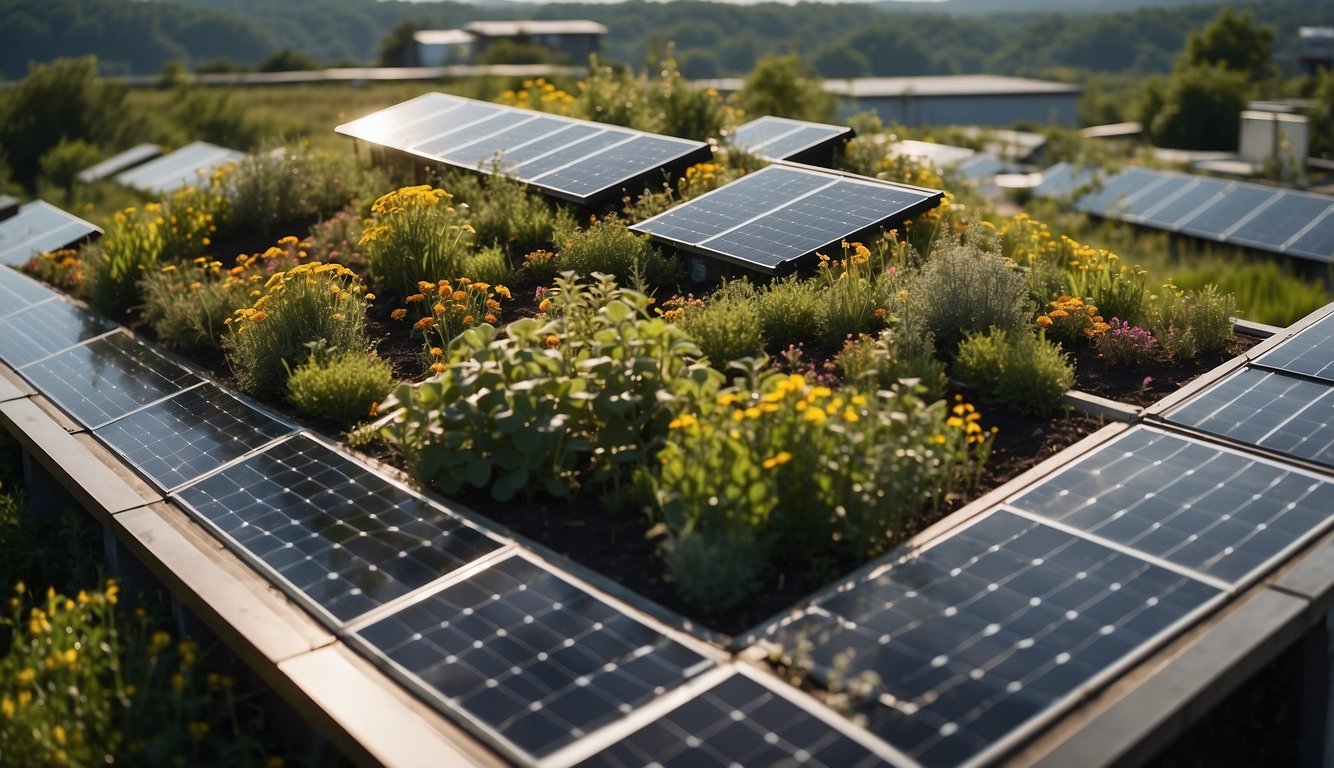 A green roof covered in plants and solar panels, with arrows showing energy savings and a list of frequently asked questions