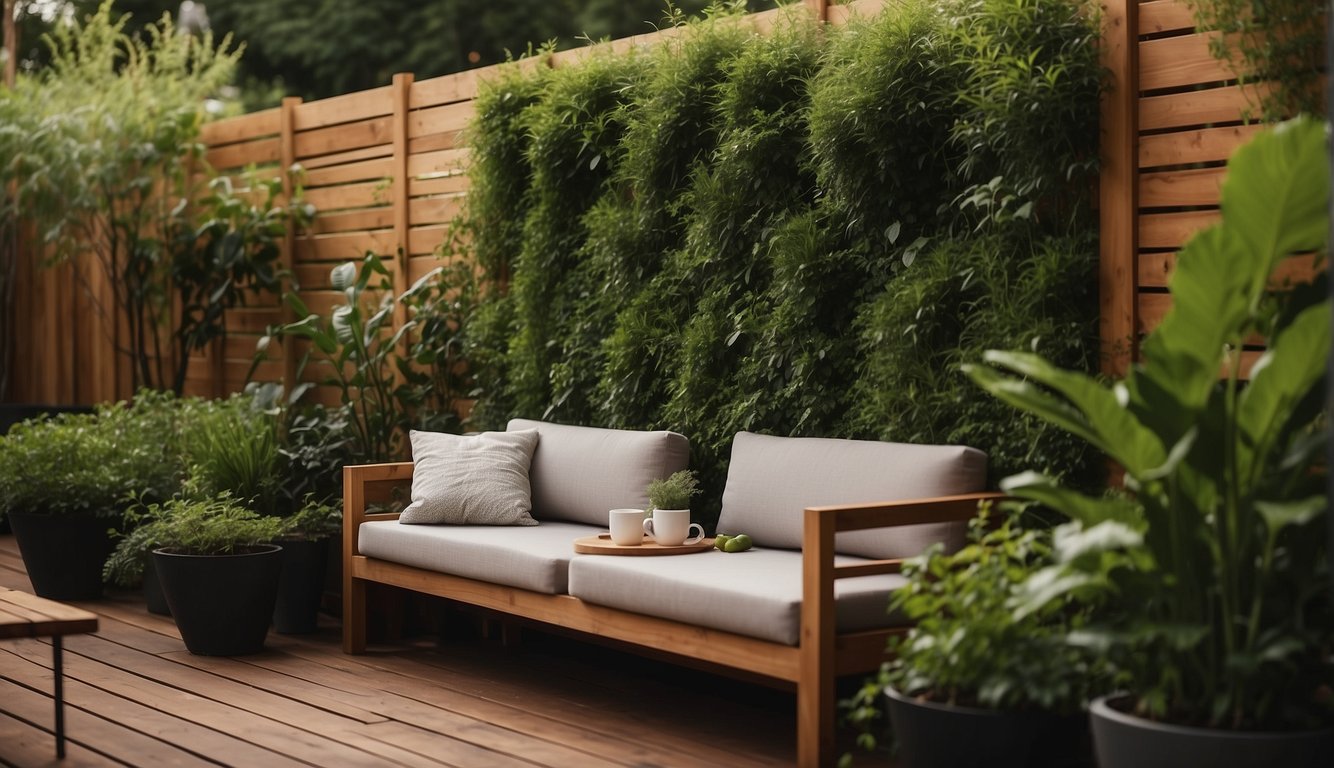 A backyard with a wooden privacy screen made from recycled materials. Lush greenery surrounds the area, with a cozy seating arrangement and soft lighting creating a peaceful atmosphere