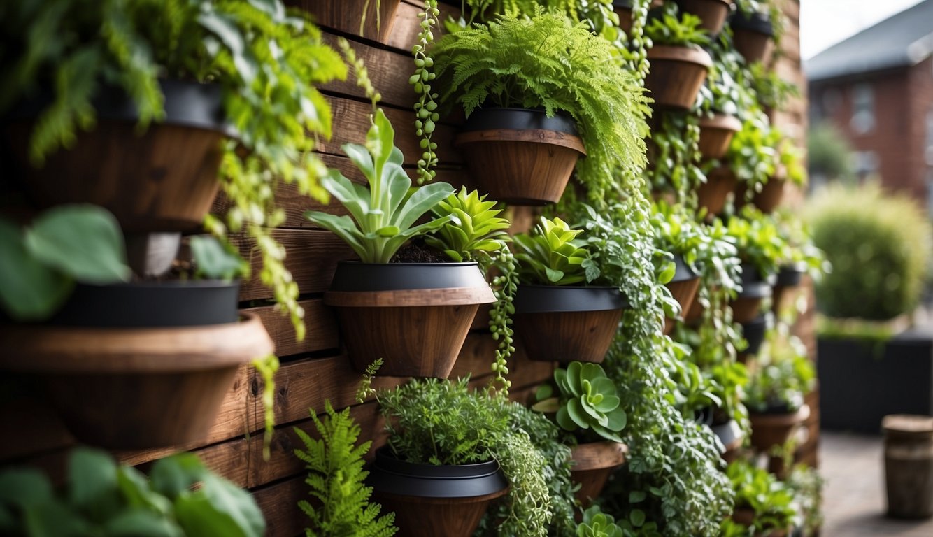 Lush greenery cascades down from planters made of wood, metal, and fabric, creating a vibrant and textured vertical garden